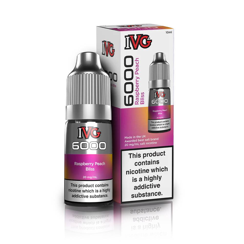 IVG 6000 Nic Salts e liquids 10ml Box of 10 Raspberry Peach Bliss 20mg
