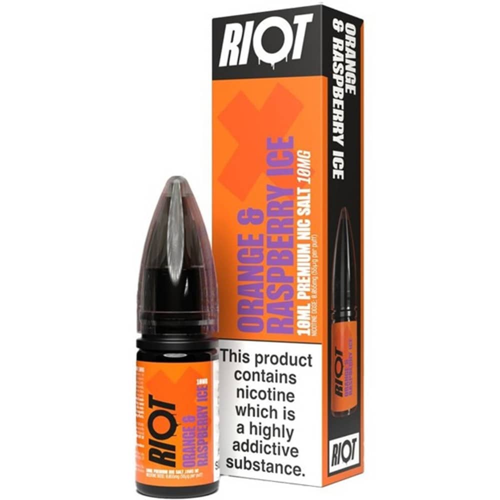 Riot X Nic Salts e liquids 10ml Box of 10 Orange & Raspberry Ice 10mg