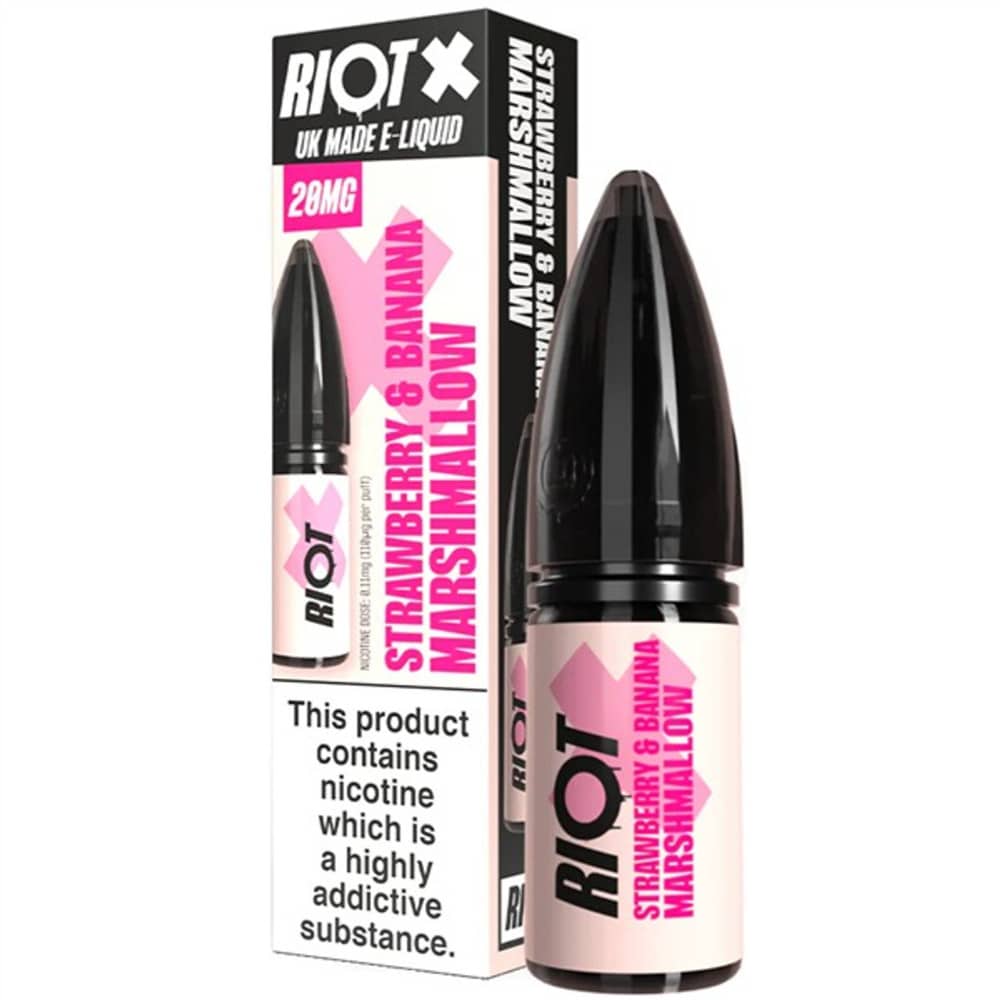 Riot X Nic Salts e liquids 10ml Box of 10 Strawberry Banana Marshmellow 20mg