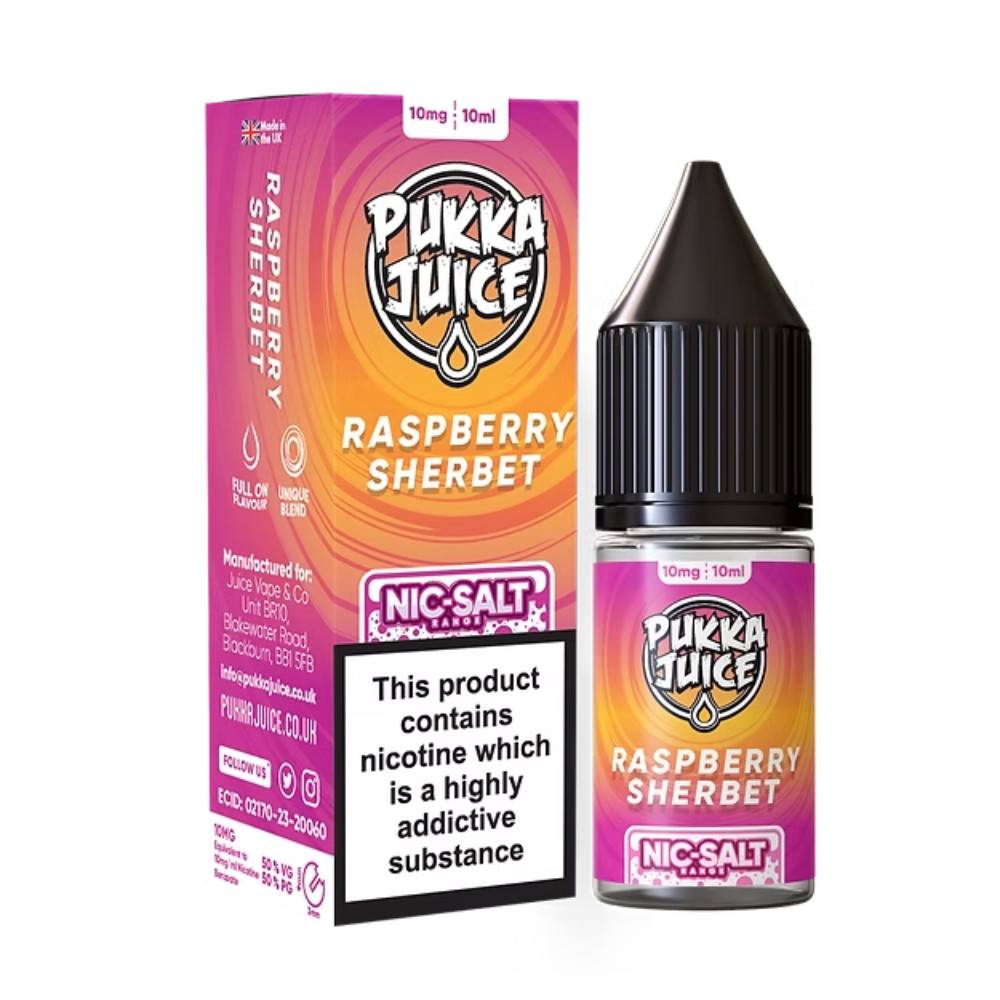 Pukka Juice Nic Salts e liquids 10ml Box of 10 Raspberry Sherbet 20mg