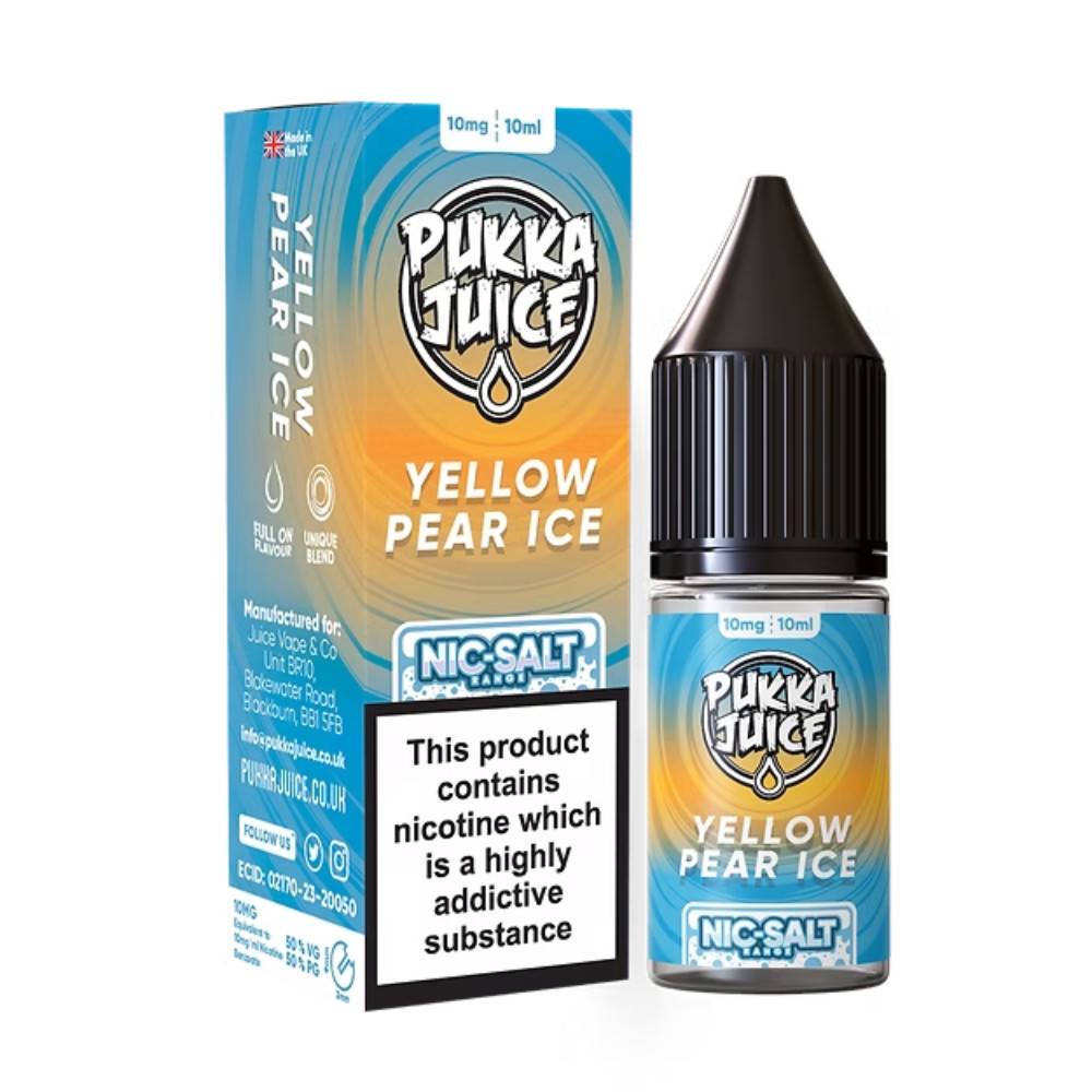 Pukka Juice Nic Salts e liquids 10ml Box of 10 Yellow Pear Ice 10mg