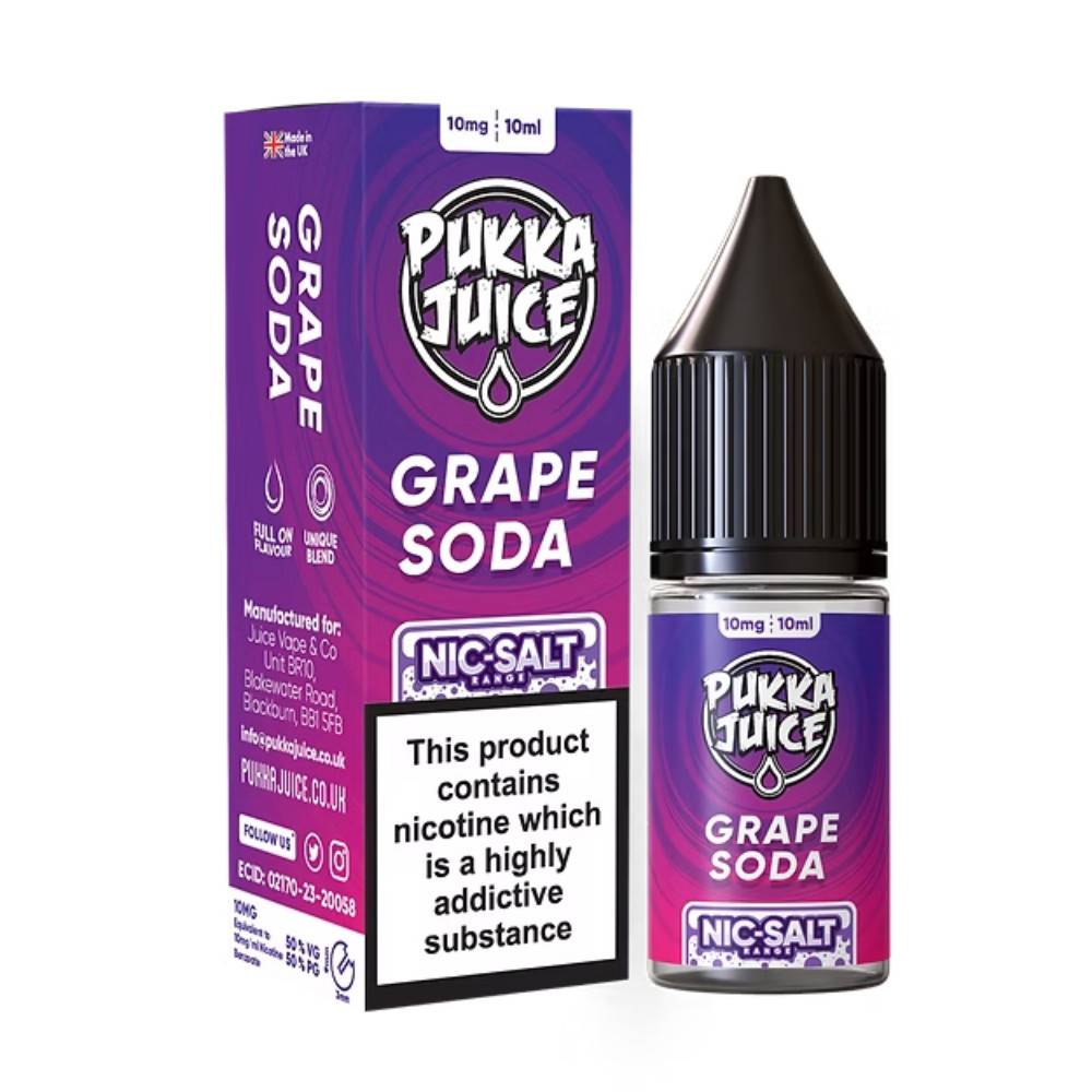 Pukka Juice Nic Salts e liquids 10ml Box of 10 Grape Soda 20mg