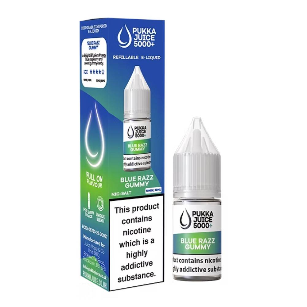 Pukka Juice 5000+ Nic Salts e liquids 10ml Box of 10 Blue Razz Gummy 20mg