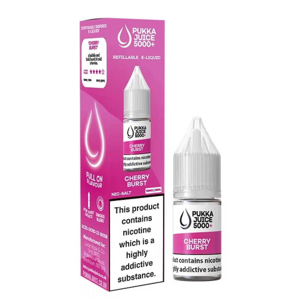 Pukka Juice 5000+ Nic Salts e liquids 10ml Box of 10 Cherry Burst 10mg