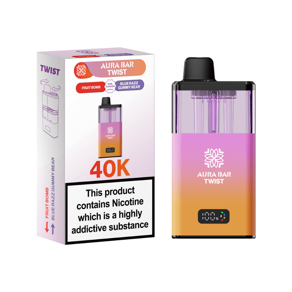 Crystal Prime Aura Bar Twist 40k-Vape Kit Box of 5 Fruit Bomb / Blue Razz Gummy Bear