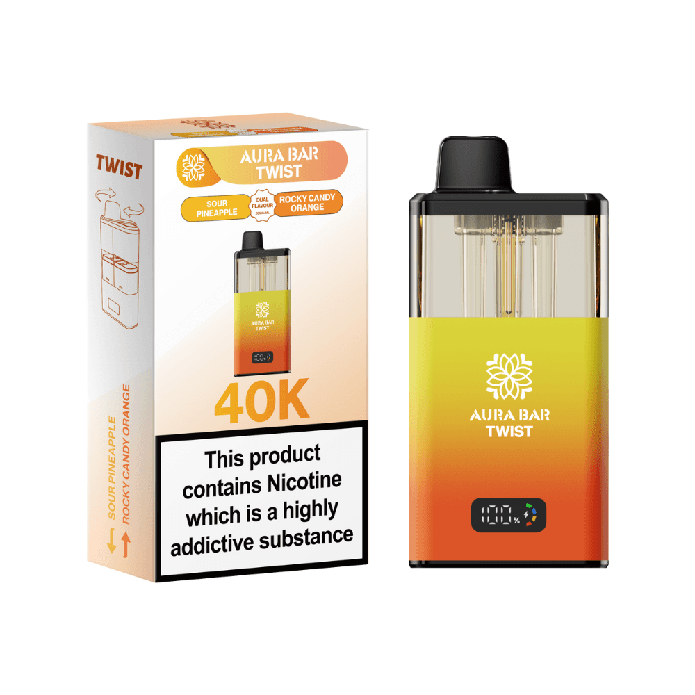 Crystal Prime Aura Bar Twist 40k-Vape Kit Box of 5 Sour Pineapple / Rocky Candy Orange