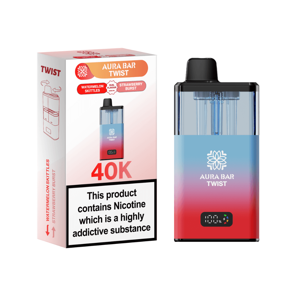 Crystal Prime Aura Bar Twist 40k-Vape Kit Box of 5 Watermelon Rainbow / Strawberry Burst